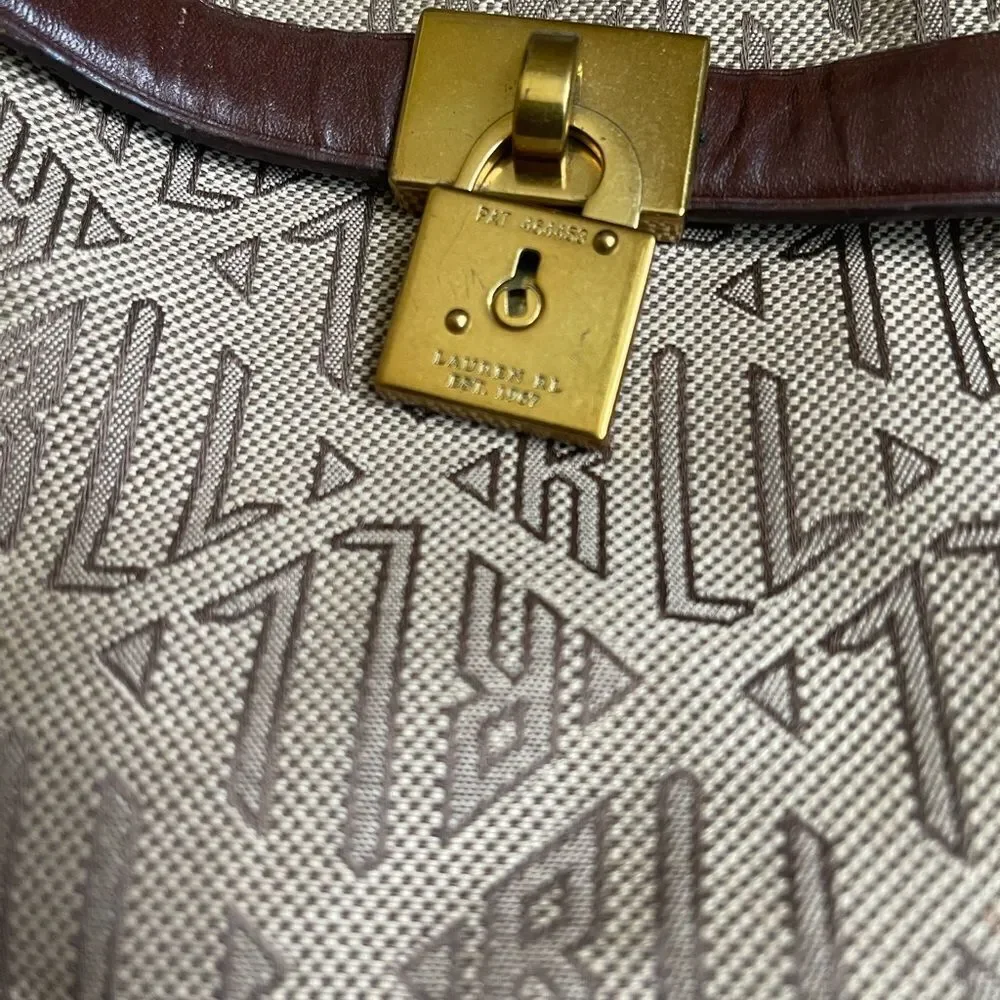 Ralph Lauren Logo Canvas khaki&brown Hobo Bag leather brown straps brass accents